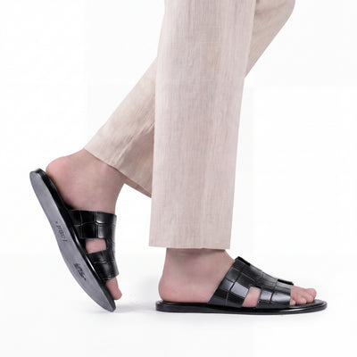 Men’s Black Croc-Embossed Leather Slide - worn