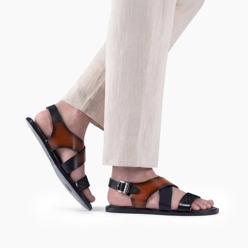 Men's Black And Brown Buckle Sandal  - worn