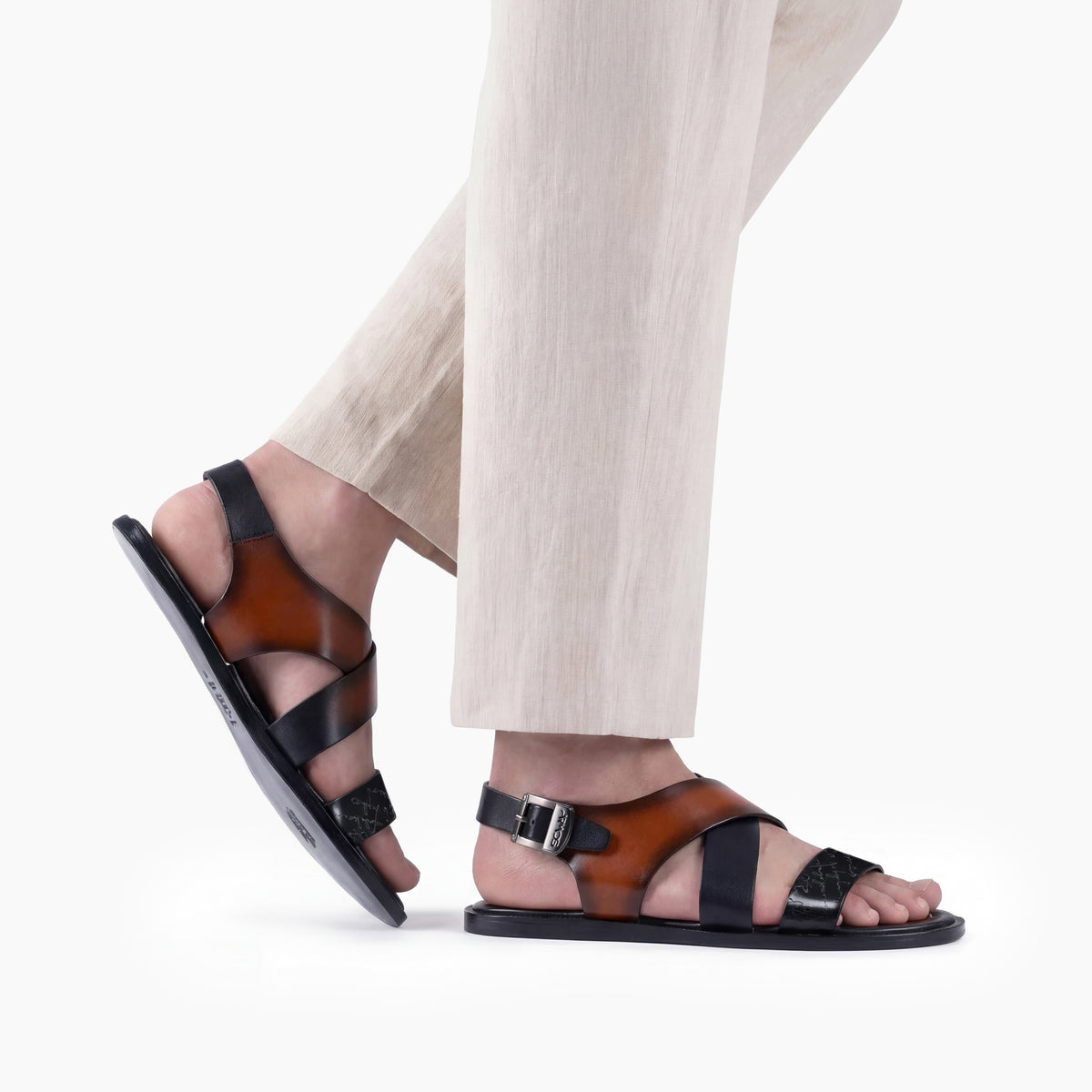 Men's Black And Brown Buckle Sandal  - worn