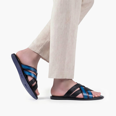 Men's Black And Blue Cross-strap Sandal