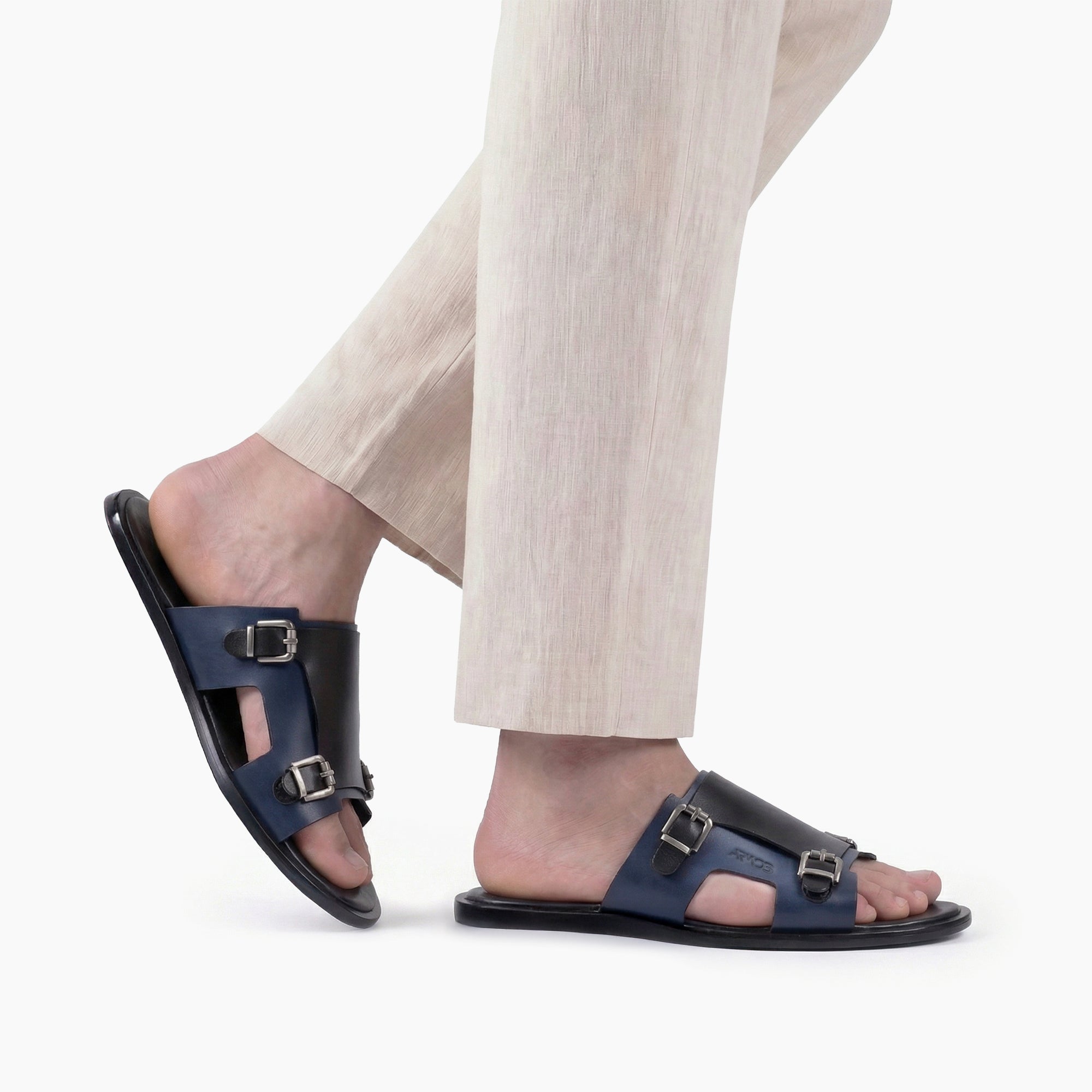 Men's Black & Blue Leather Slide Sandal