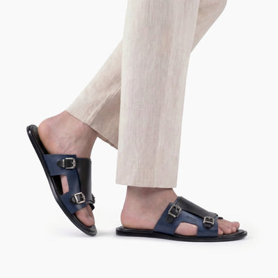 Men's Black & Blue Leather Slide Sandal