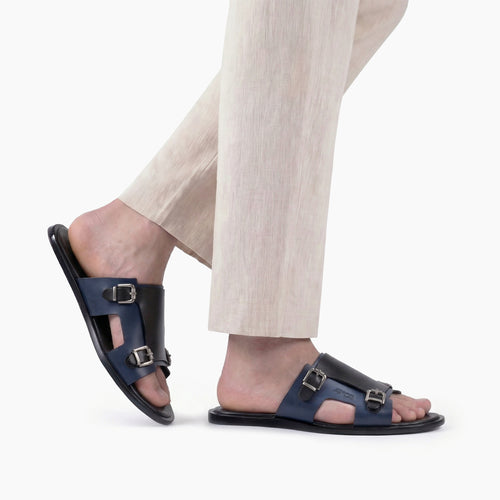 Men's Black & Blue Leather Slider Sandal