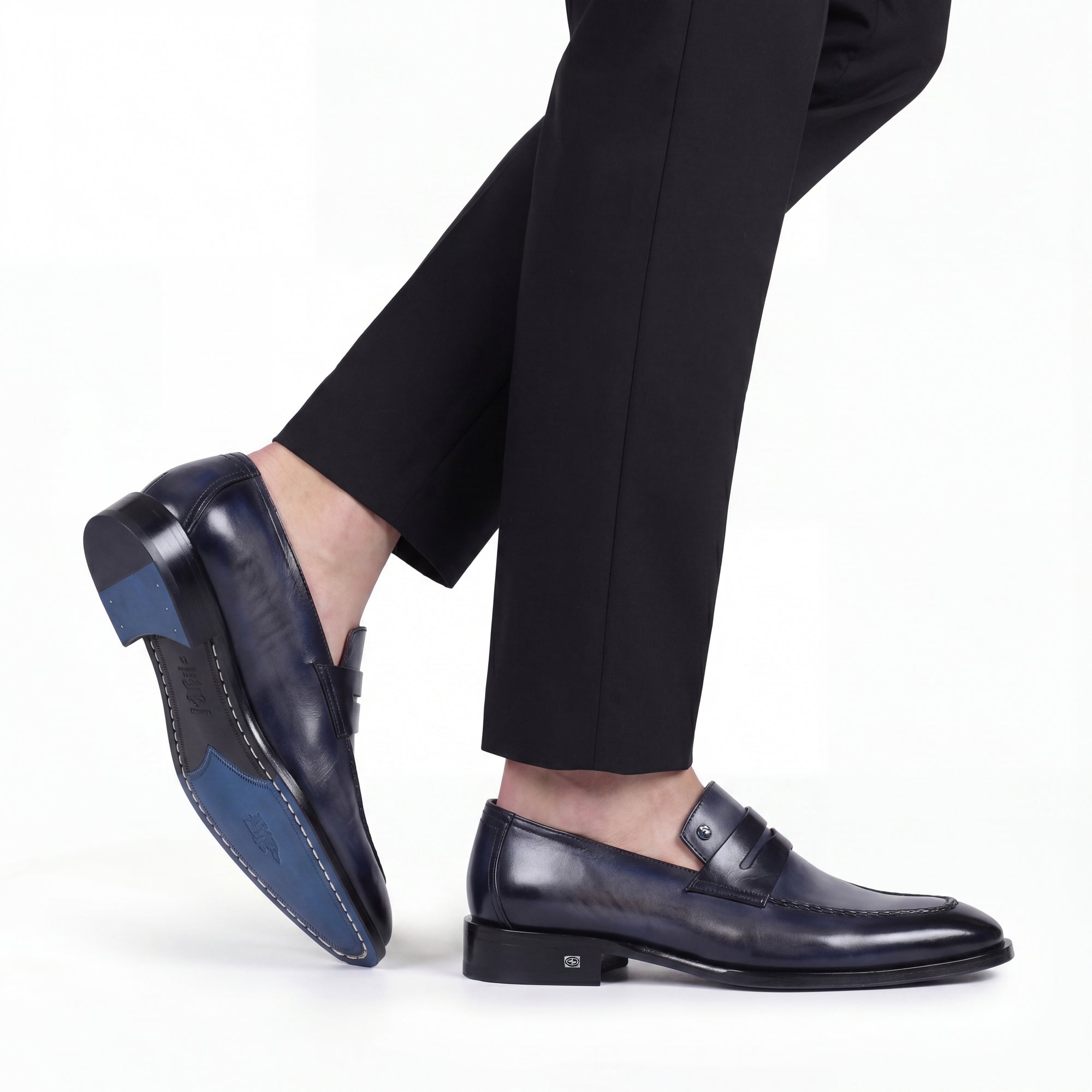 Men's Blue Patina Leather Penny Loafer - worn