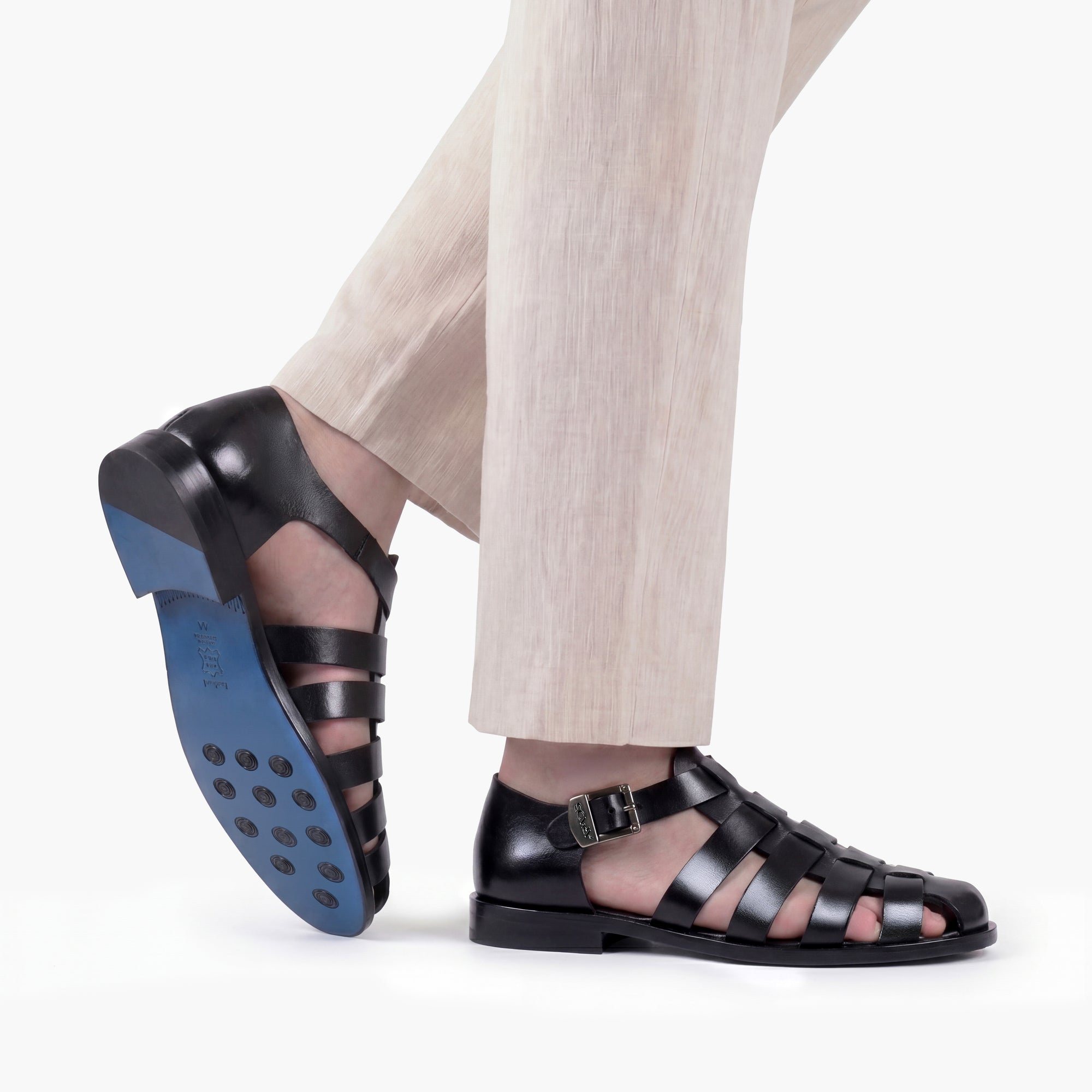 Men’s Black Leather Fisherman Sandal - worn