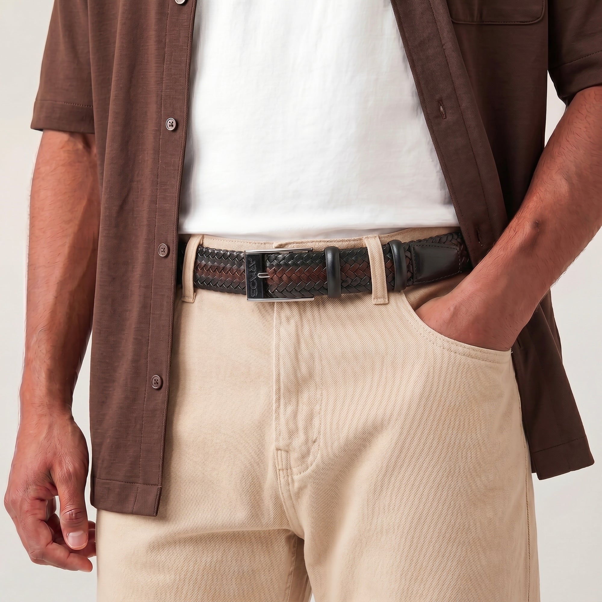 Men’s Brown Patina Braided Leather Belt - worn
