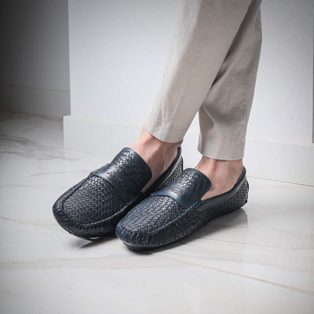 Blue woven moccasins