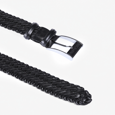Men’s Black Braided Leather Belt - buckle and tip