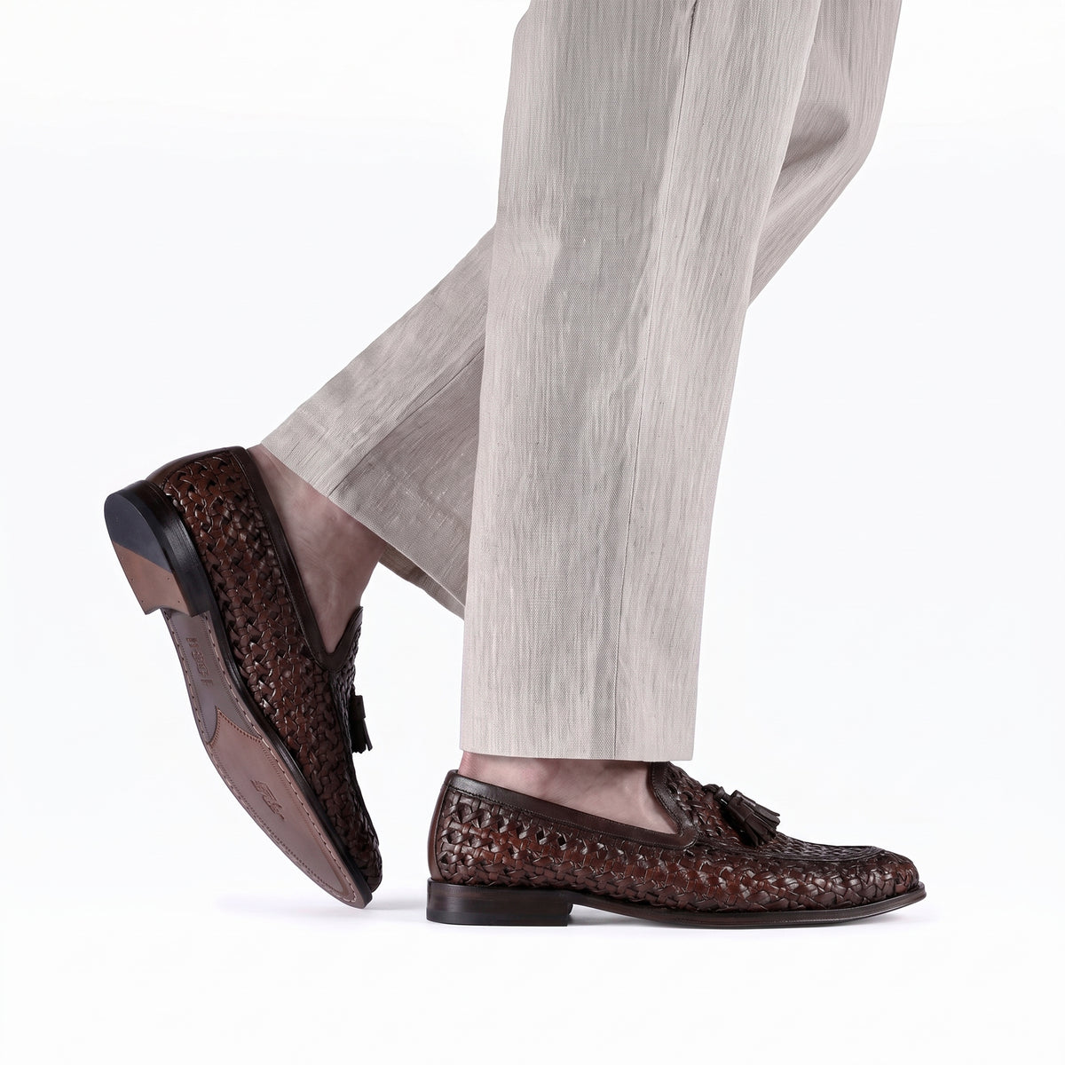 Men's Brown Woven Leather Tassel Loafer - worn