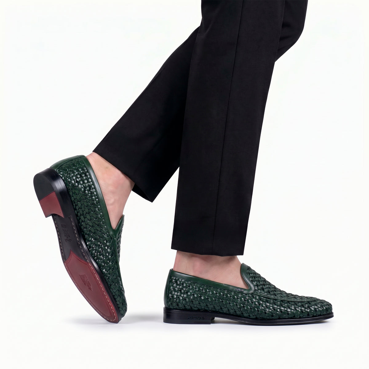 Men's Green Woven Leather Loafer - worn