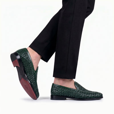 Men's Green Woven Leather Loafer - worn