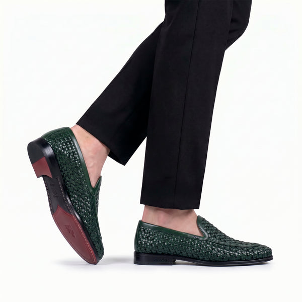 Men's Green Woven Leather Loafer