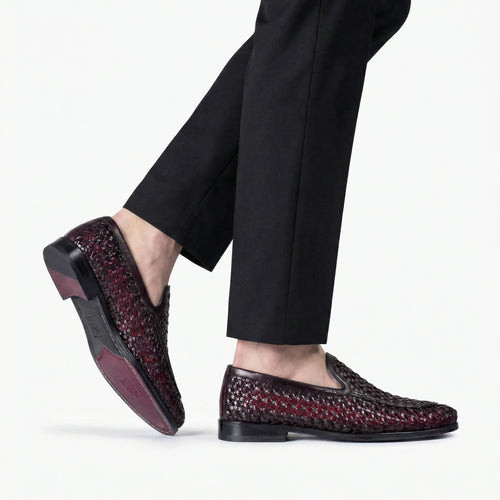 Men's Burgundy Woven Leather Loafer - worn