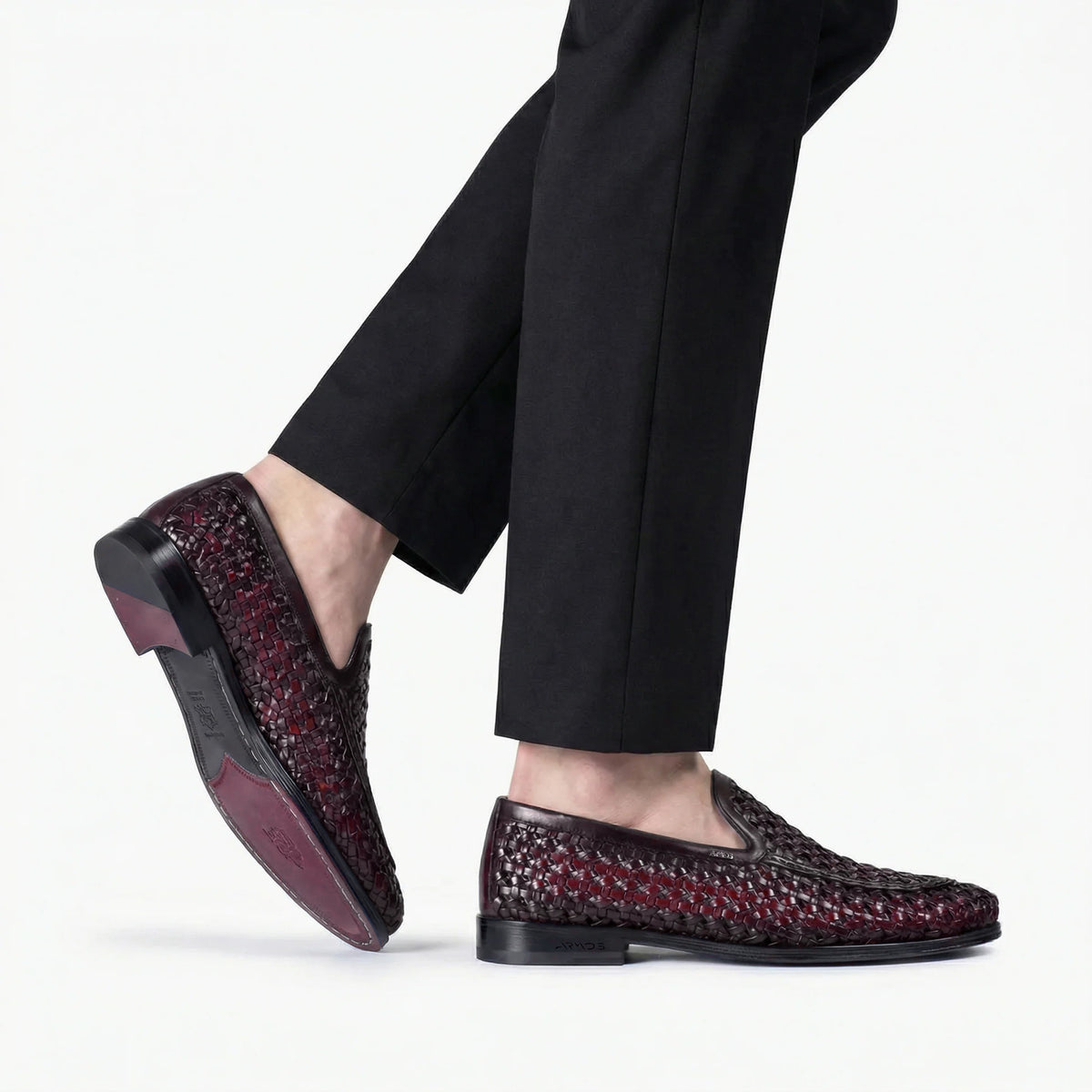 Men's Burgundy Woven Leather Loafer - worn