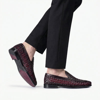 Men's Burgundy Woven Leather Loafer - worn