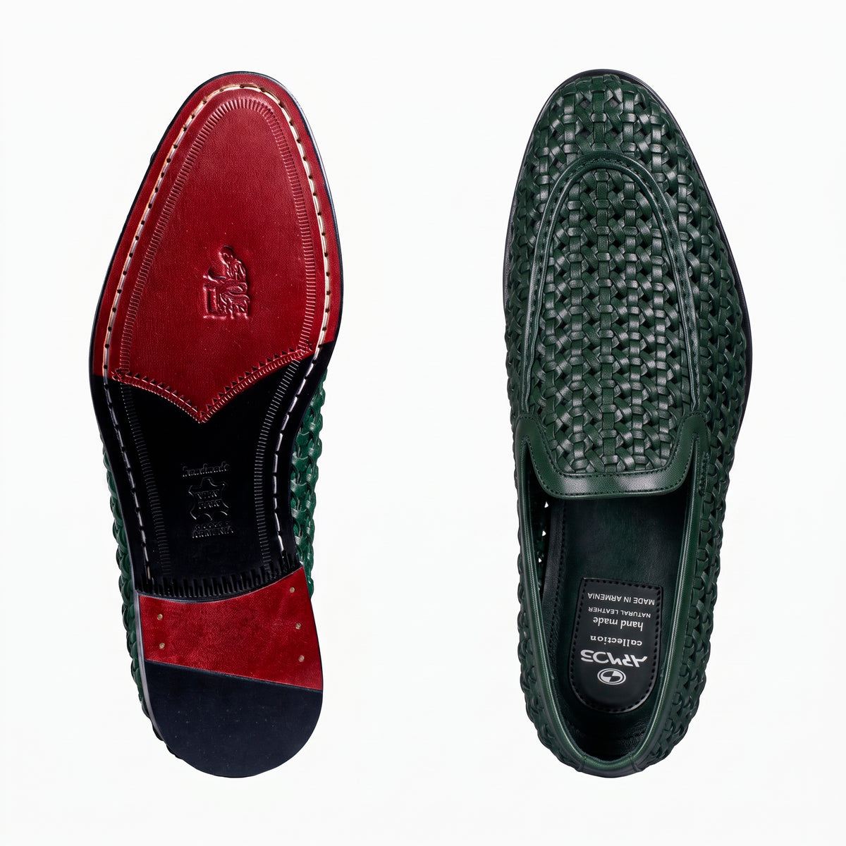 Men's Green Woven Leather Loafer - sole and top