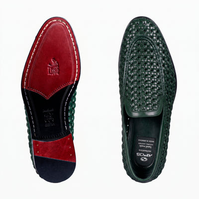 Men's Green Woven Leather Loafer - sole and top