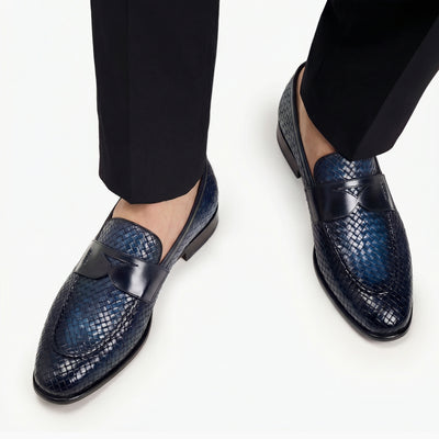 Men's Blue Woven Patina Leather Penny Loafer | ARMOS Men's Blue Woven Patina Leather Penny Loafer | ARMOS