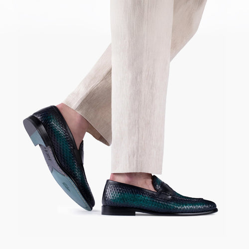 Men's Green Woven Leather Penny Loafer