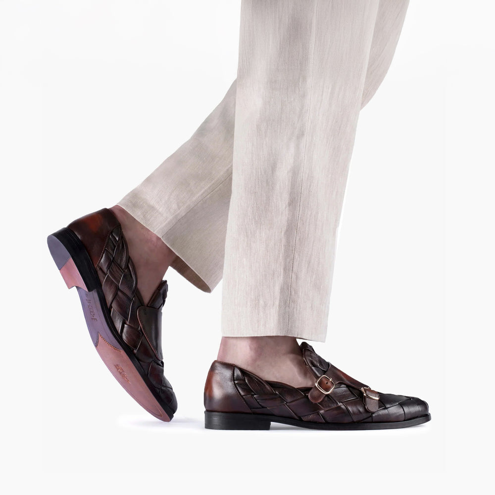 Men's Brown Woven Patina Double Monk Strap