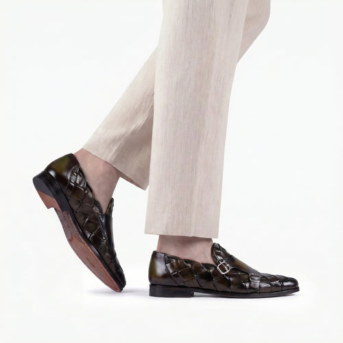 Men's Green Woven Double Monk Strap