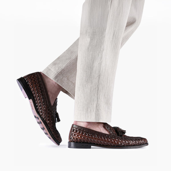 Men's Brown Woven Leather Tassel Loafer