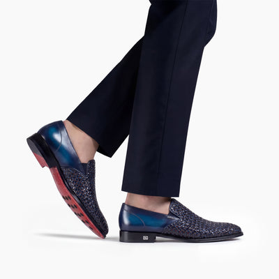 Men's Navy Woven Patina Leather Loafer
