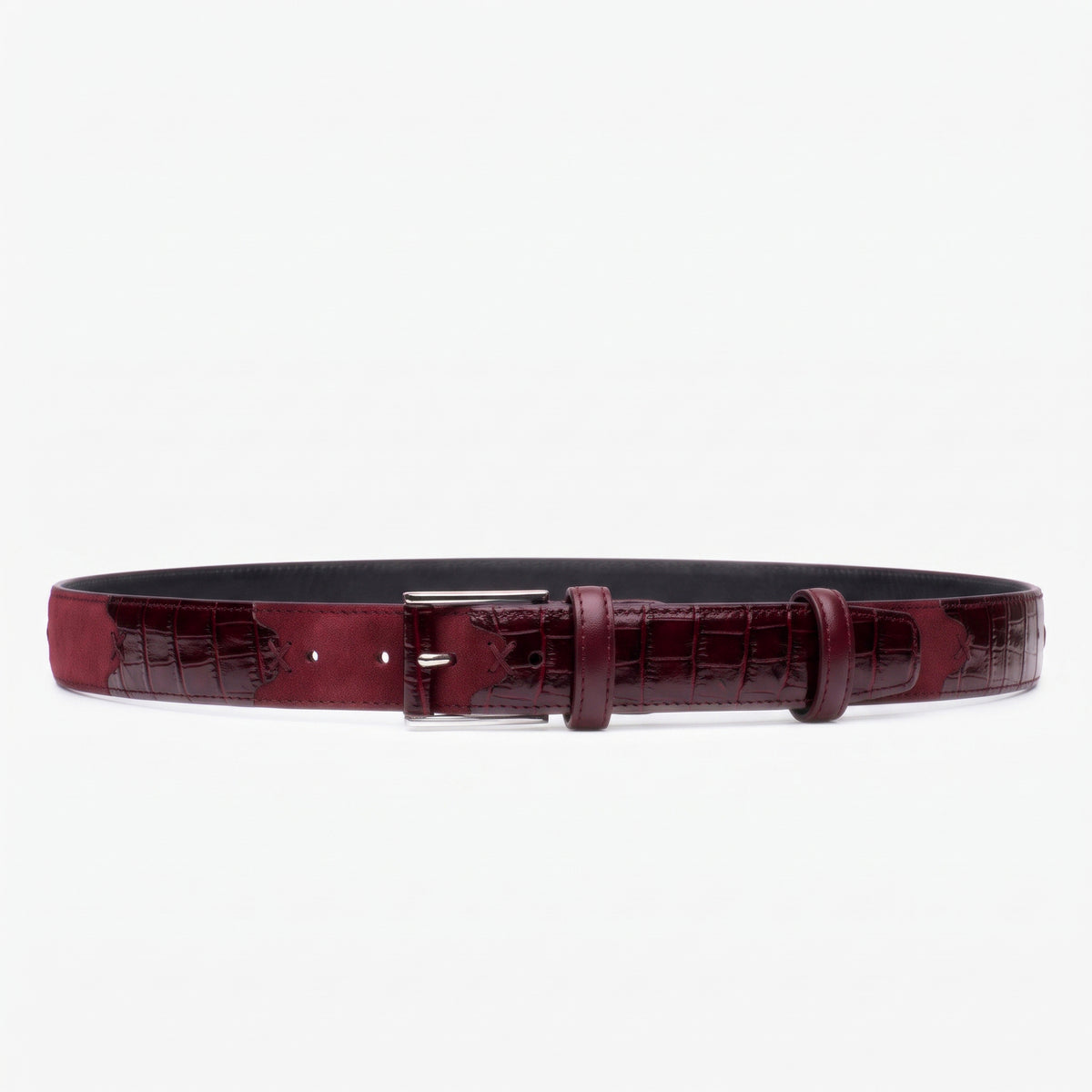 Men's Burgundy Croc-Embossed Leather Belt - full view