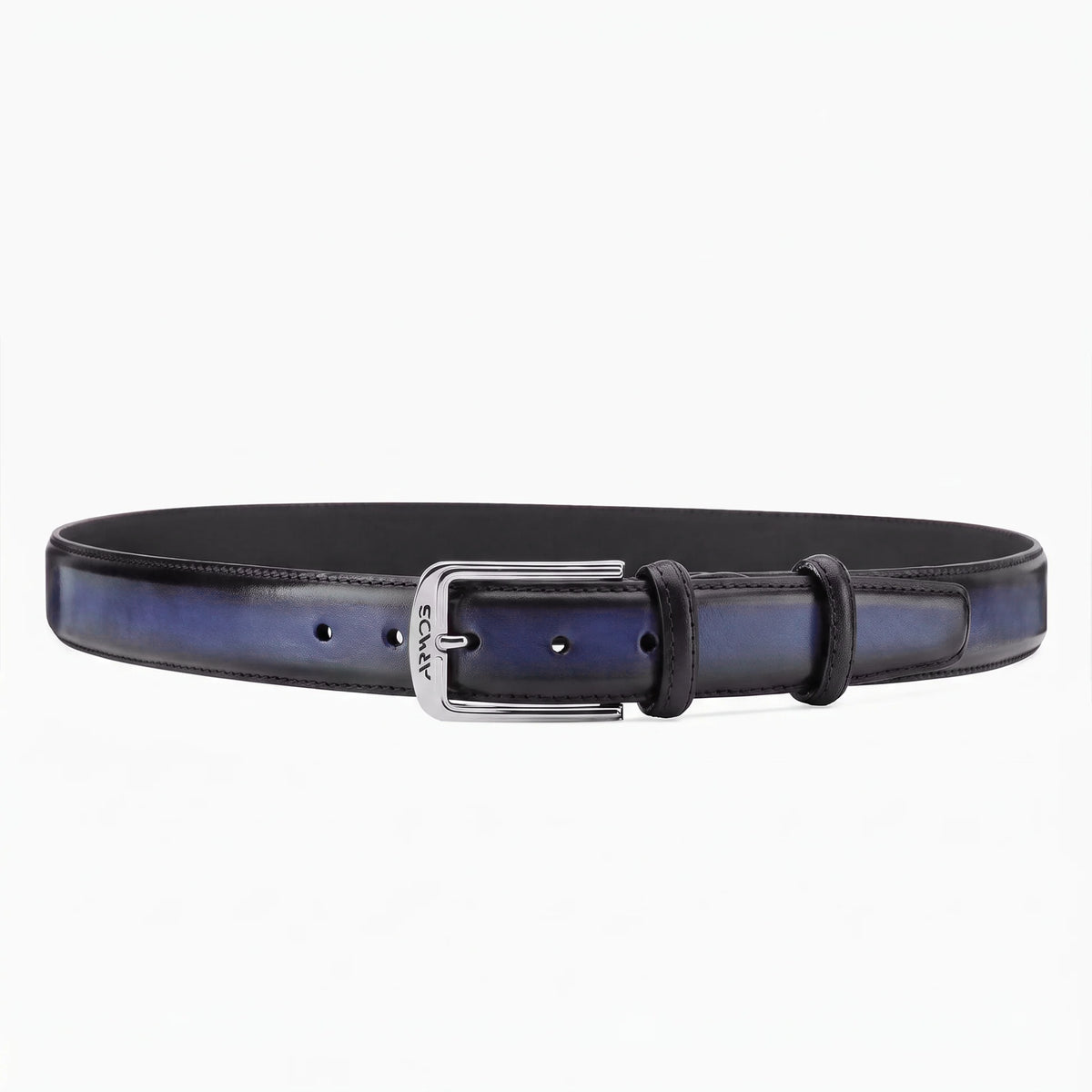 Deep Dark Blue patina leather belt - full view