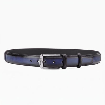 Deep Dark Blue patina leather belt - full view