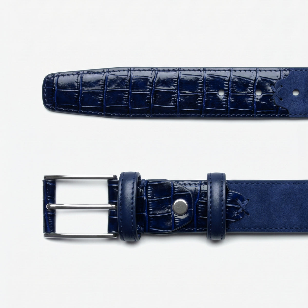 Men's Blue Croc-Embossed Leather Belt - buckle and tip