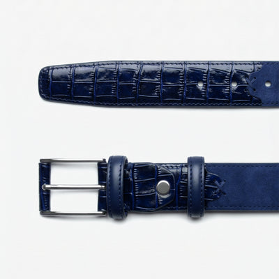 Men's Blue Croc-Embossed Leather Belt - buckle and tip