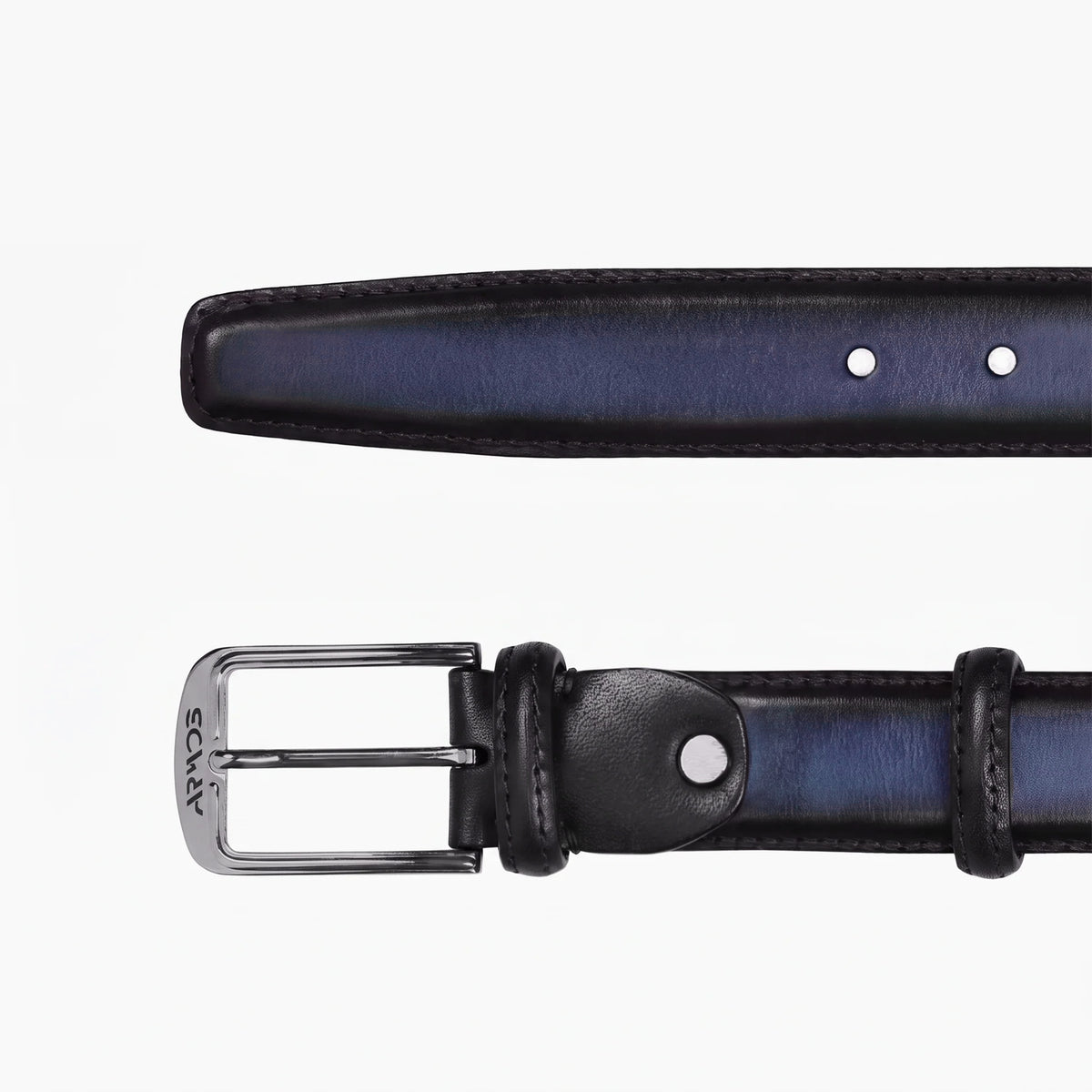 Deep Dark Blue patina leather belt - buckle and tip