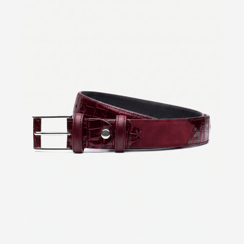 Men's Burgundy Croc-Embossed Leather Belt - coiled