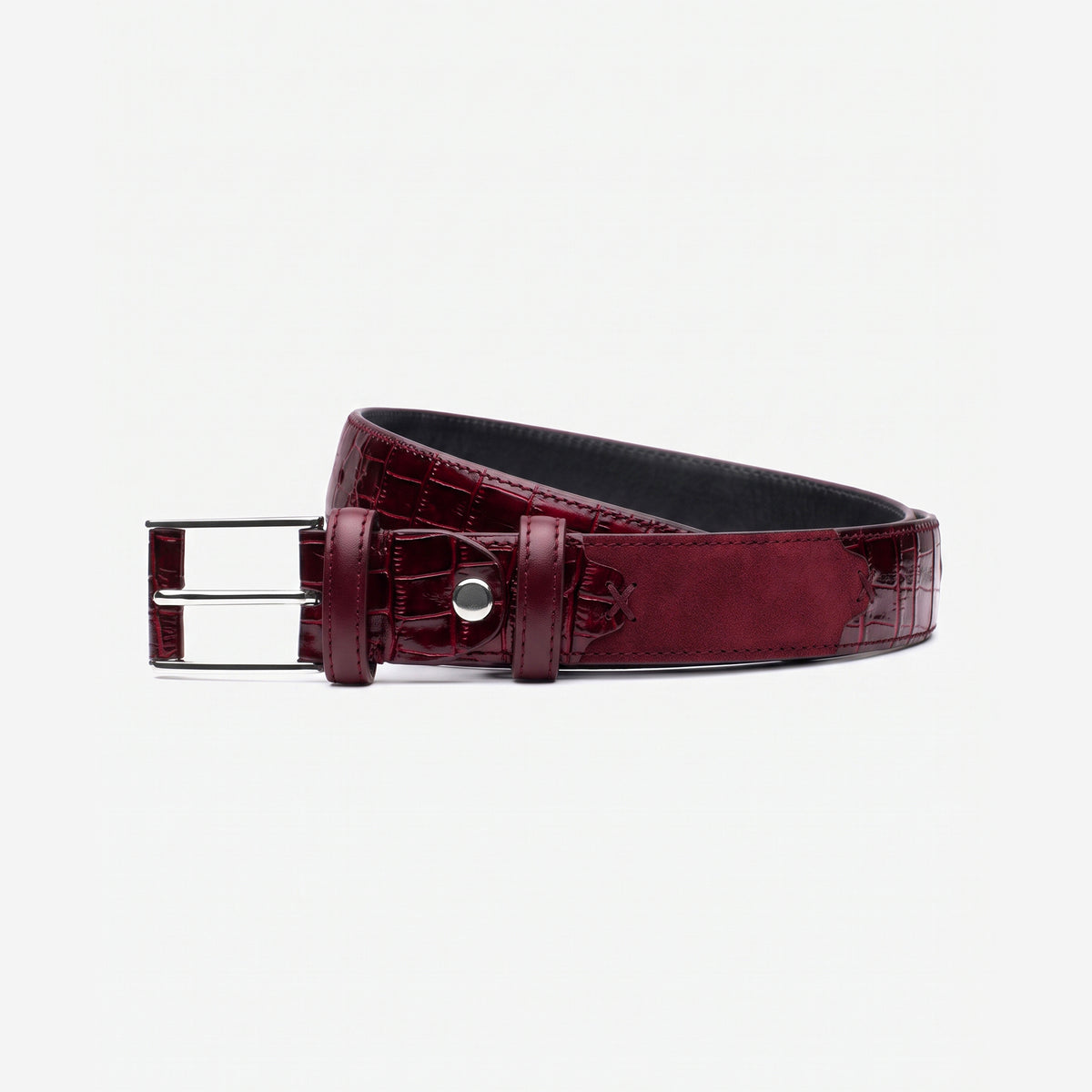 Men's Burgundy Croc-Embossed Leather Belt - coiled