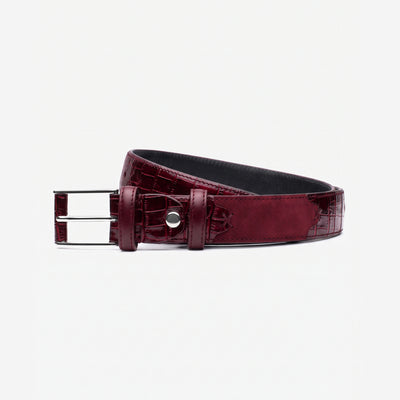Men's Burgundy Croc-Embossed Leather Belt - coiled