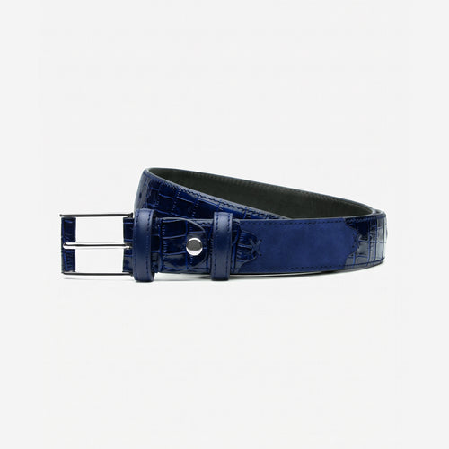 Men's Blue Croc-Embossed Leather Belt - coiled