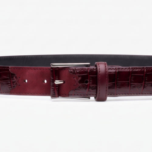 Men's Burgundy Croc-Embossed Leather Belt - detail