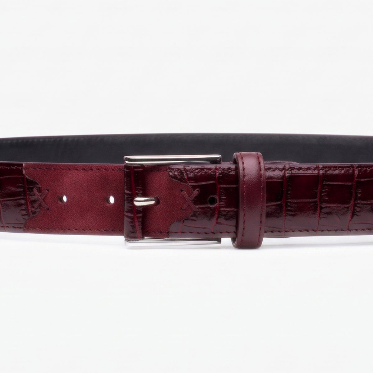 Men's Burgundy Croc-Embossed Leather Belt - detail