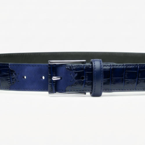 Men's Blue Croc-Embossed Leather Belt - buckle
