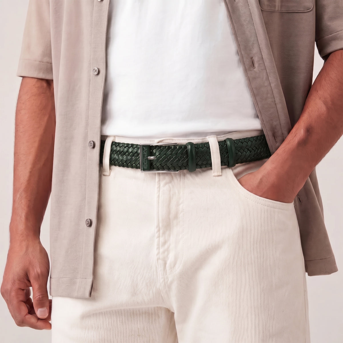 Men’s Green Braided Leather Belt - worn