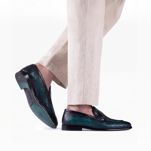 Men's Green Woven Leather Penny Loafer