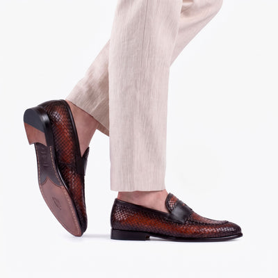 Men’s Brown Patina Leather Penny Loafer - worn