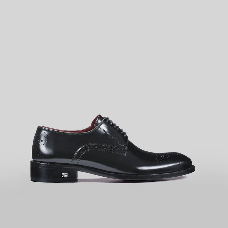Men’s Black Leather Medallion Toe Derby - video