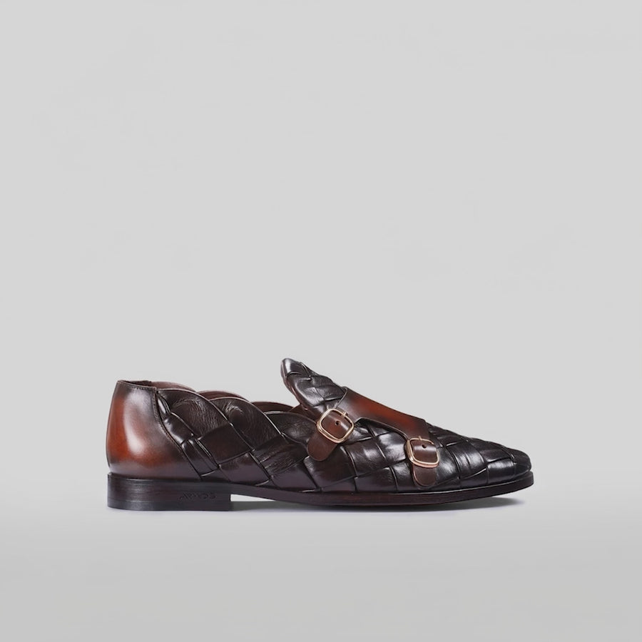 Men's Brown Woven Patina Double Monk Strap - video