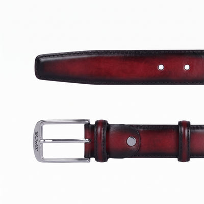 Men’s Burgundy Patina Leather Belt - buckle and tip