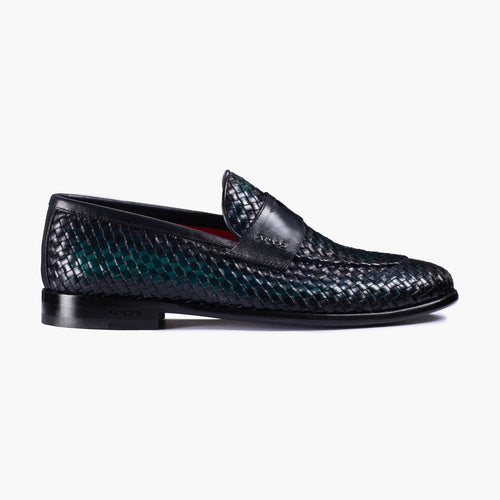Men's Green Woven Leather Penny Loafer