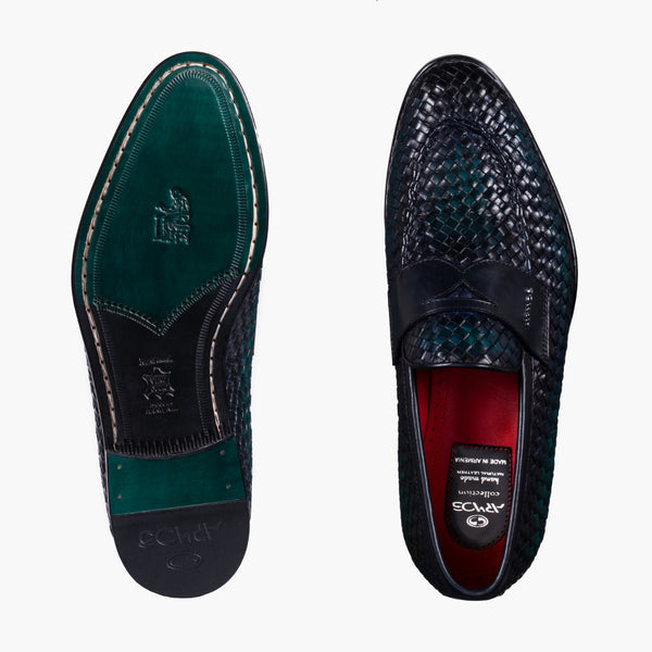Men's Green Woven Leather Penny Loafer