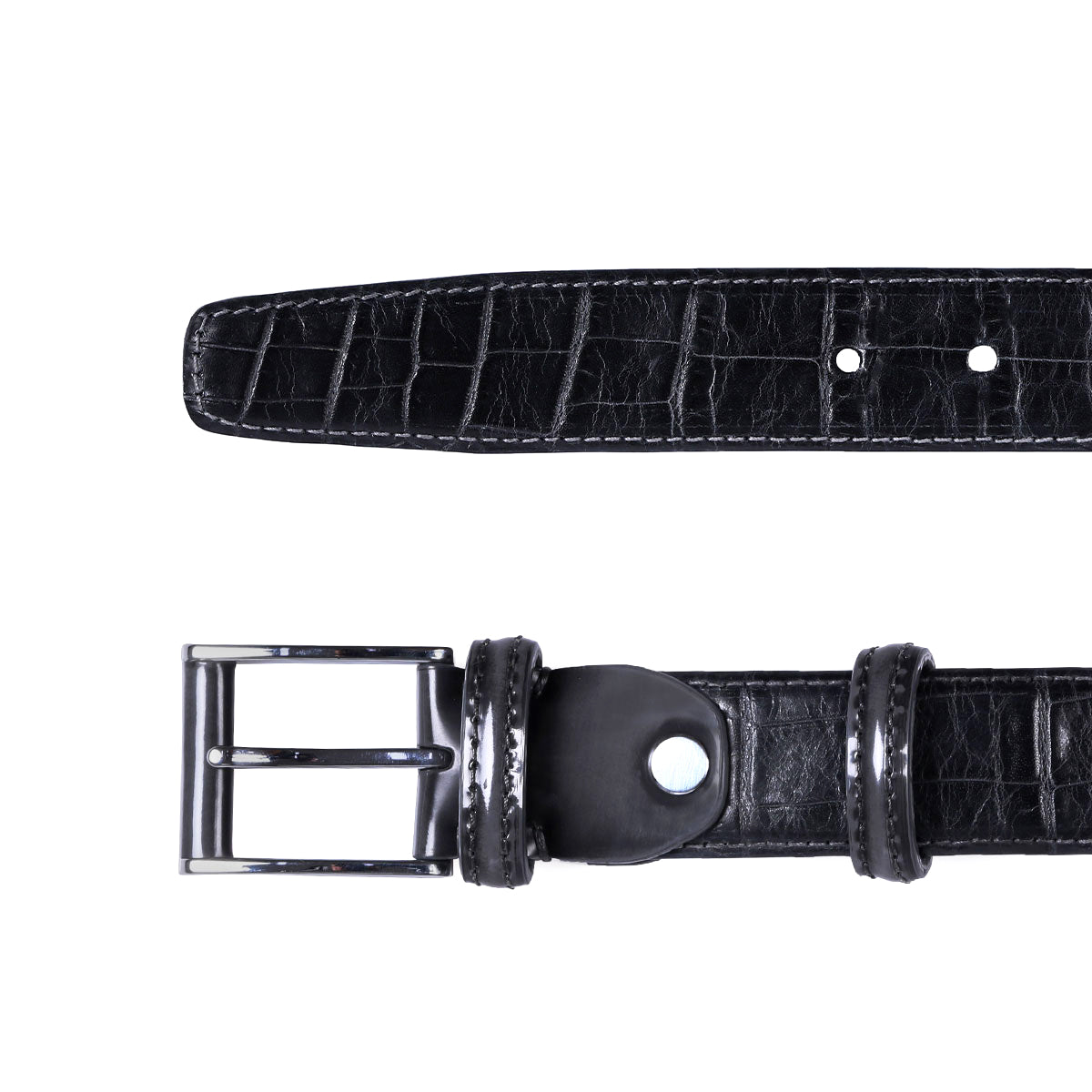 Black leather belt with gray tone